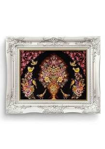 تابلو فرش فرش دستباف قم طرح گلدانی عرضی مشکی 2757